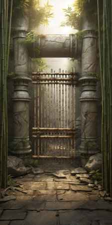 3d rendering of a bamboo gate with a tree obstructing its path, showcasing a blend of biblical grandeur and primitive influences. inspired by the works of asher brown durand, this artwork features columns and totems, reminiscent of junglepunk aesthetics. created with meticulous attention to detail, this piece captures the essence of kevin hill's style. ai generatedの素材