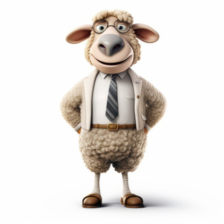 a sheep wearing a suit, showcasing a realistic rendering with animated exuberance. this image captures the essence of an animated film pioneer, with its light white and light beige tones. the sharpness of the details adds to the overall impact, while the concept of sumatraism and working-class empathy shines through. ai generatedの素材