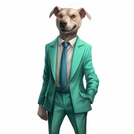 a dog wearing a green and blue suit with a tie around its neck is depicted in this photorealistic surrealism style artwork. the detailed character expressions bring the 2d game art to life, while the light pink and teal colors add a vibrant touch. the city portraits and monochromatic works create a unique atmosphere, complementing the caricature-like figures. ai generatedの素材