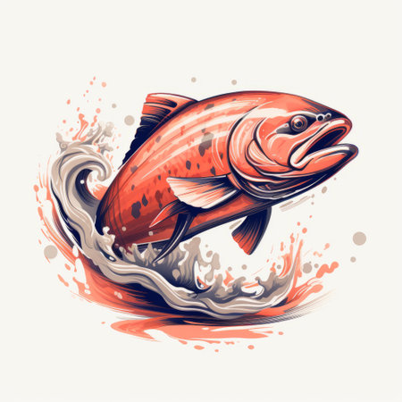 a vibrant illustration captures a salmon swimming and jumping, creating splashes of water. the artwork features contoured shading in light red and light brown, showcasing a blend of harsh realism and classic tattoo motifs. the overall style is reminiscent of graffiti-inspired illustrations. ai generatedの素材