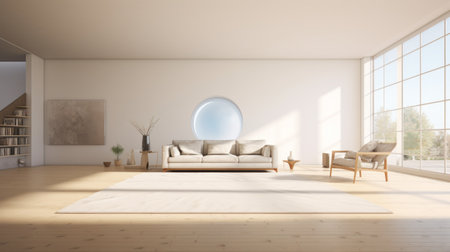 a white living room area with open windows and a couch inside an arched window. the design is influenced by zen buddhism, featuring light beige and light amber tones, circular shapes, solarization effects, and a minimalistic japanese aesthetic. the room showcases highly realistic details and incorporates natural materials. ai generatedの素材