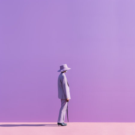 a man stands on the street in front of a vibrant purple wall, creating an abstract and minimalistic composition. the scene is reminiscent of rococo pastel colors and draws inspiration from artists such as carl kleiner and joseph beuys. the image combines elements of futuristic retro aesthetics with isolated figures and monochromatic portraits. ai generatedの素材