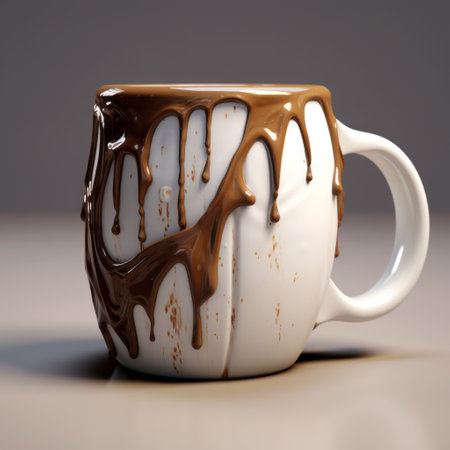 coffee mug in icy and chocolate colors, featuring a unique design inspired by unreal engine 5. the paint dripping technique adds an artistic touch, while the use of photo-realistic techniques showcases the mug's intricate details. made from common materials like porcelain, this mug embodies the essence of sumatraism with its captivating blend of colors. the imperfect brushstrokes give it a distinct charm, reminiscent of badの素材