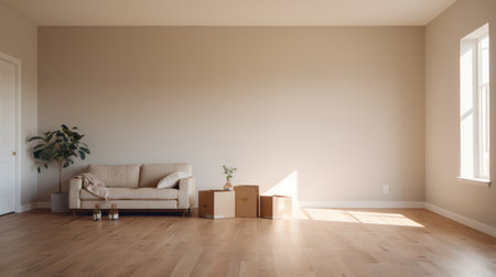 empty sofa and light blue couch are positioned in front of a window in an empty room. the room features a light bronze and light beige color scheme, creating a soothing atmosphere. the image, rendered using octane render, showcases muted earth tones and minimalist tendencies. the golden hues add a touch of warmth to the overall aesthetic. ai generatedの素材