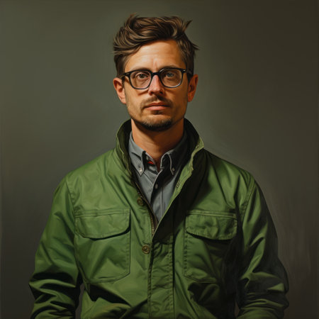 a man wearing a green jacket and glasses is depicted in this digital painting. the artwork showcases elements of environmental portraiture, american tonalism, and bold, expressive portraits. the portrait features crisp lines and a fawncore aesthetic, with photographically detailed features. ai generatedの素材