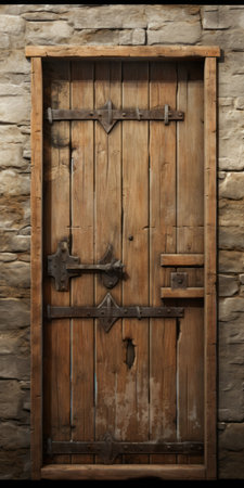 an old wooden door with an iron door handle, showcasing the rustic charm of villagecore aesthetics. this site-specific installation, captured with studio lighting, exudes an adventurous vibe. the physically based rendering technique enhances the details of the weathered wood and stone, creating a captivating image. explore this intriguing composition on flickr. ai generatedの素材