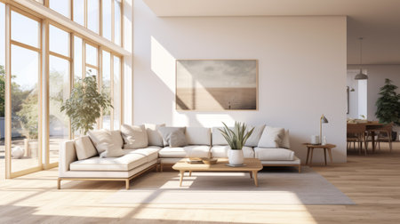 a living room featuring wooden floors, white sofas, and large windows. the room is designed in a light beige and light amber color scheme, creating a serene and classic japanese-inspired ambiance. the photorealistic painting on the wall adds a touch of artistic elegance, while the monochromatic theme enhances the overall simplicity. this uhd image showcases the beauty of monochromatic serenity. ai generatedの素材