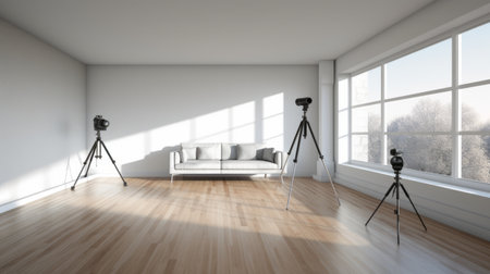 a white studio for photography in a living room setting featuring a sofa, tripods, and a window. the style of the photo is solarization, with a flattened perspective and the use of kodak colorplus film. the lighting creates a silhouette effect, while the wood and sleek metallic finish add a touch of traditional elegance. ai generatedの素材