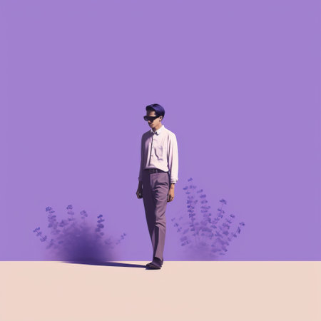 an isolated figure stands in front of a purple canvas, showcasing a realistic surrealism artwork. the minimalist graphic designer, floralpunk, has created this piece using muted tones. the surrealism elements evoke a sense of virtual and augmented reality, while the birds-eye-view perspective adds depth to the composition. the figure in the photo appears handsome. ai generatedの素材