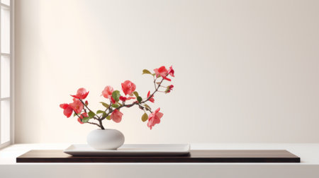 a small white vase of flowers sits on a table near a window, showcasing a minimalistic japanese style. the 8k 3d image captures the vibrant colors of red and pink, while incorporating traditional japanese artistic techniques. the photo exudes a sense of minimalistic serenity, reminiscent of japanese-style landscapes and the principles of zen minimalism. ai generatedの素材