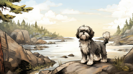 a black and white dog stands on a rock by the shore of a lake, resembling the style of 2d game art. this photo captures the essence of editorial illustrations, with a panoramic scale that evokes the romanticized depictions of wilderness by artists like patrick brown, george lucas, and abigail larson. ai generatedの素材
