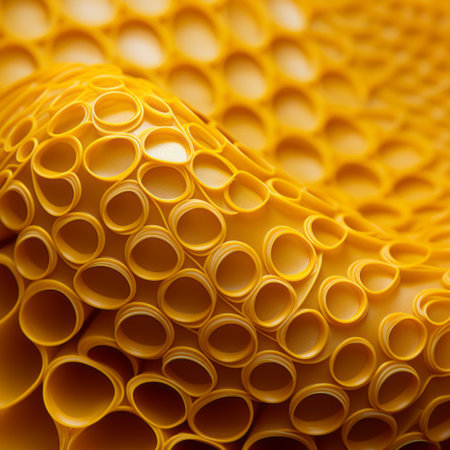 a close-up shot by daniel hanley featuring highly detailed illustrations of beautiful yellow circles. the texture of the sculpted forms creates an intriguing visual effect. these elongated forms, resembling rollerwaves, are made of plastic and give the image a unique and captivating appeal. ai generatedの素材