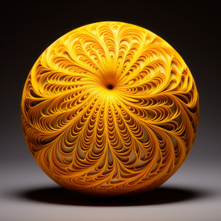 a sculpture featuring a mesmerizing swirl of intricate spirals takes center stage. the sculpture showcases a captivating blend of light orange and yellow hues, with layered and textured surfaces adding depth and dimension. spherical sculptures complement the intricate patterns, while delicate lines create a sense of elegance. the use of focus stacking technique enhances the details, reminiscent of japanese woodblock art. the layered translucency addsの素材