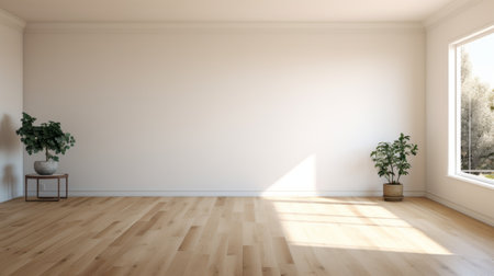 an empty room with white walls and tile, showcasing a solarizing master's minimalist style. the hard edge painter's touch is evident in the clean lines and simplicity of the staging. the 8k resolution captures every detail of this light-filled landscape, while the presence of wood adds warmth to the overall aesthetic. ai generatedの素材