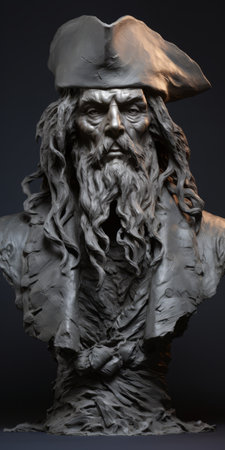 a 3d printed pirate created by krzyzek wpi showcases the artist's expressive and textured portraiture style. influenced by old master fantasy art, this bronze sculpture features flowing brushwork and striated resin veins. the intricate details evoke a sense of mystery, reminiscent of necronomicon illustrations from the early 1900s to 1917. ai generatedの素材
