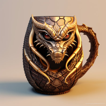 a 3d rendered coffee cup resembling a dragon, inspired by the artistic style of adi granov. the cup features a captivating blend of dark gold and light gold tones, reminiscent of the work of john larriva. this visually striking image, shot on 70mm film, incorporates elements of cyberpunk, masks, and totems, reminiscent of the artistry of rob liefeld. ai generatedの素材