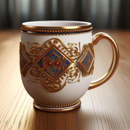 a gold and silver coffee cup, with ornate designs, is showcased on a table. the cup is hand-painted with intricate details, reflecting the style of zbrush. rendered in maya, the photo captures the geometric harmony of the cup's light red and dark blue hues. the zeiss milvus 25mm f14 ze lens enhances the visual appeal of this stunning composition. ai generatedの素材