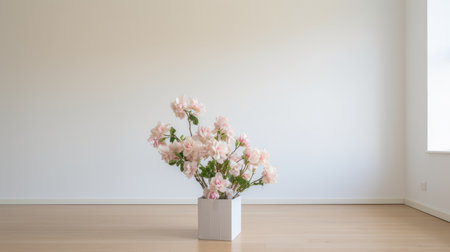 the photo showcases a conceptual installation of white plants, resembling light pink in a photo-realistic still life. the arrangement exudes classic japanese simplicity, with a touch of oshare kei style. the flowers used in this quadratura display create a visually stunning and thought-provoking composition. ai generatedの素材