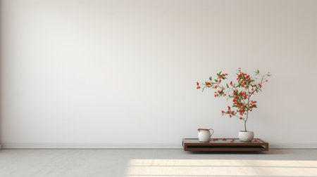 a small table in the background of an empty room, showcasing a minimalistic japanese style. the table is white and crimson, blending earthy naturalism with clean-lined aesthetics. the room offers spectacular backdrops with hints of orange and green, embodying a simple yet captivating minimalism. ai generatedの素材
