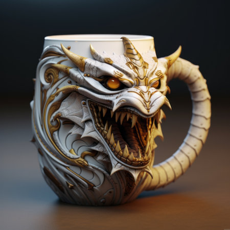 the coffee mug features a unique design with an elephant and dragon head, showcasing intricate hard surface modeling. inspired by concept art and the themes of magewave, the mug is adorned with a striking combination of dark white and light gold colors. the design, reminiscent of joe madureira's style, captures a strong facial expression. this high-resolution uhd image showcases the mug's stunning details. ai generatedの素材