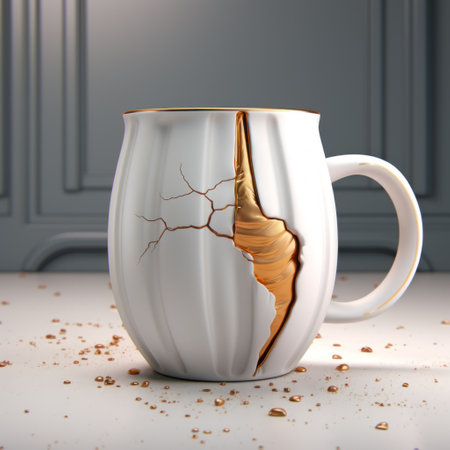 an old cracked white coffee cup, in the style of photorealistic surrealism, by artist gediminas pranckevicius. the cup is adorned with dark beige and gold colors, giving it an energetic and bold appearance. the artwork, known as "aurorapunk," features fragmented advertising elements. ai generatedの素材