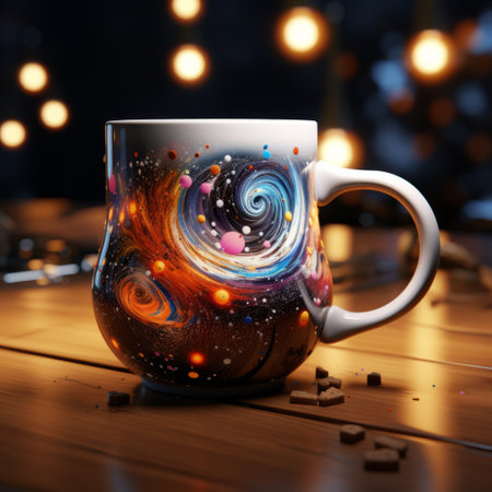 a cup painted with space rockets is placed on a wooden table, showcasing swirling colors and photorealistic renderings. this celestialpunk-inspired artwork features realistic lighting and intricate details, reminiscent of the stars art group xing xing. the playful design captures the essence of the cosmos, making it a captivating piece in the world of sketchfab. ai generatedの素材