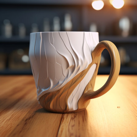 3d java mug with naturalistic lighting, precise lines, and contours. the focus is on materials, showcasing varying wood grains. the design is low poly with flowing brushwork, featuring a combination of light white and light gold tones. ai generatedの素材