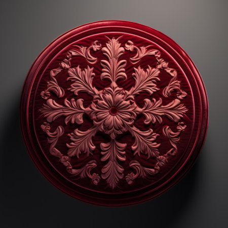 a red round medallion featuring an intricately designed ornate pattern at its center. this handcrafted piece showcases the baroque brushwork style with highly detailed foliage and carving. the medallion is captured using hard surface modeling techniques, with a matte background and back button focus adding depth to the image. ai generatedの素材