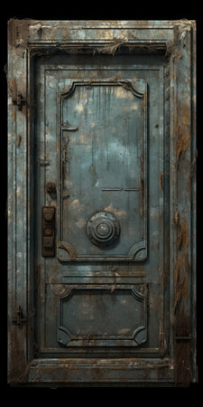 a post-apocalyptic style door png for the game shinobi. this door features a textured impasto technique, with a combination of bronze and azure colors. inspired by the artwork of konstantin yuon, it has been processed using darktable and captured with a minolta riva mini camera. perfect for creating a neo-victorian atmosphere in your game. ai generatedの素材