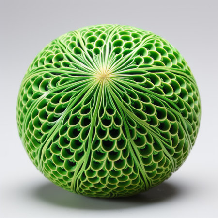 a watermelon-shaped sculpture featuring intricate patterns and delicate lines. this bio-art inspired piece showcases the larme kei style, with a focus on joints and connections. the spherical sculpture is adorned with intricate pen work, highlighting its vibrant green color. ai generatedの素材