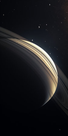 saturn close up photo showcasing its stunning beauty and intricate details. the waxing moon adds a touch of elegance to the composition. the sharpness and contrast enhance the depth of field, while the darkness tones create an impressive and realistic atmosphere. shot on a 100mm lens with f/2.0 aperture, the natural lighting highlights the aridlynessed features. this 8k uhd image captures the essence of saturnの素材