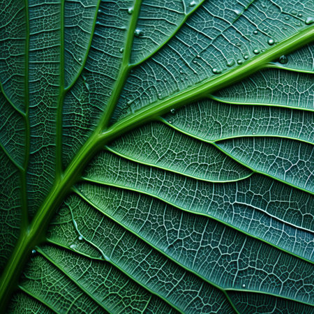 a green leaf with water droplets, showcasing intricately detailed patterns, captured in a mesmerizing photograph by national geographic. shot with a ricoh gr iii, this enigmatic image captures the essence of the tropics, with its organic architecture and the juxtaposition of hard and soft lines. the matte finish adds a touch of elegance to this captivating photo. ai generatedの素材