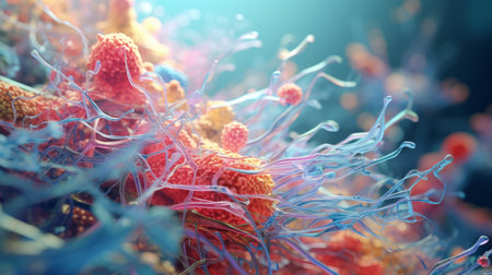 a vibrant 3d animation showcases a cell adorned with intricate embellishments. the cell is beautifully colored in light indigo and pink hues, reminiscent of a petzval 85mm f22 lens. the addition of light cyan and orange accents adds depth to the image. this captivating artwork resembles tilt-shift photography and resembles detailed miniatures found in medical imaging films. ai generatedの素材