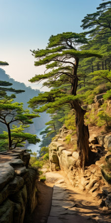 a small creek surrounded by pine trees and bathed in sunlight, reminiscent of the eastern zhou dynasty style. this 32k uhd photograph by bess hamiti captures the essence of lively coastal landscapes. the image showcases focus stacking techniques, resulting in a beautifully hazy landscape reminiscent of the works of yeong-hao han. ai generatedの素材