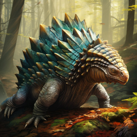 a large dinosaur, depicted in dark cyan and light bronze, stands majestically in a forest. this hyperrealistic illustration showcases intricate details, from the spiky mounds to the charming character illustrations. with a snailcore vibe, this 20-megapixel image captures a realistic depiction of light, creating a captivating visual experience. ai generatedの素材