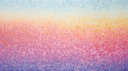 an abstract painting showcasing a vibrant purple, blue, and white horizon, created in a mosaic-like pointillism style. the artwork features a gentle color gradient of light pink and light orange, reminiscent of a wallpaper design. the painting combines realistic elements with impressionistic colors, incorporating colorful geometric patterns and a tonalist approach. ai generatedの素材