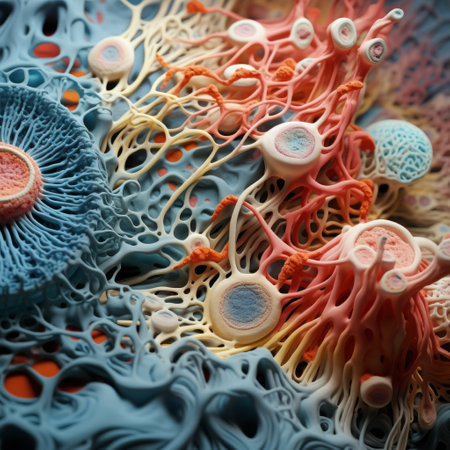 close-up of realistic anamorphic art featuring intricate compositions of biological cells. the cells are depicted in a vibrant combination of light orange and dark azure, creating a colorful and detailed miniature world. the layered mesh adds depth and complexity to the composition. captured with the zeiss batis 18mm f/2.8 lens. ai generatedの素材