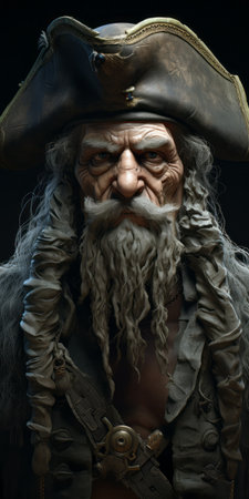 an old man with a mustache and long hair, in the style of zbrush, is depicted in this 32k uhd photo. the fantasy creature created by dusan djukaric showcases precise nautical details reminiscent of hendrick cornelisz vroom's work. the detailed costumes add to the overall charm of this captivating image. ai generatedの素材