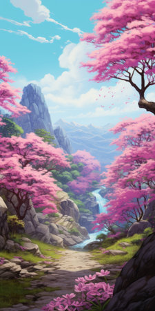a blooming tree adorned with pink flowers stands tall in this landscape photograph. the style of the image draws inspiration from renowned artists such as masamune shirow and andreas rocha, known for their captivating mountainous vistas and traditional landscapes. captured in stunning 32k uhd resolution, the scene showcases a harmonious blend of sky-blue and magenta hues, reminiscent of the works of adam elsheimer. ai generatedの素材