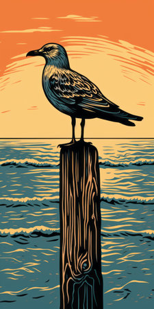 a black bird perched on a wooden post by the ocean, featuring woodcut-inspired graphics with bold outlines and flat colors. this historical illustration, reminiscent of bill medcalf's work, showcases a unique perspective rendering. the vibrant light orange and bronze hues add a touch of color to the scene, resembling colorful woodcarvings. ai generatedの素材