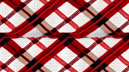 plaid knits pattern seamless fabric by jimmy borland on spoonflower custom fabric. this fabric is inspired by the style of chiharu shiota, featuring a combination of white and red colors. the close-up intensity showcases the layered mesh design, reminiscent of the vienna secession movement. attention to detail is evident in the fur and feathers texture, resulting in a meticulously designed fabric. ai generatedの素材