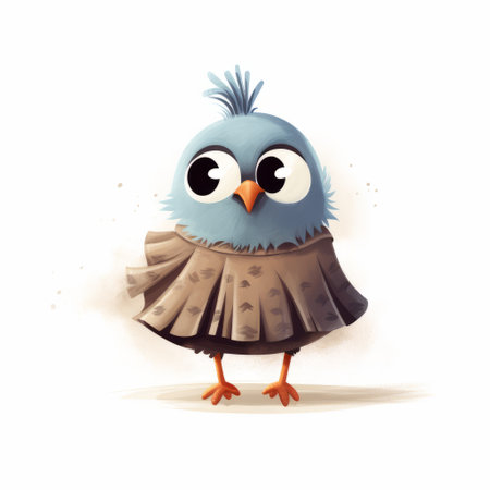 a little blue bird with short legs and blue hair is depicted in this aggressive digital illustration by john wilhelm. the bird is portrayed in a traditional costume, surrounded by light gray and brown tones. the clever use of negative space adds depth to the illustration, while the creased, crinkled, and wrinkled details give it a unique texture. ai generatedの素材