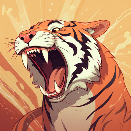 a cartoon tiger with a wide-open mouth, showcasing vibrant color gradients and fantasy elements. this artwork combines elements of realism, anime-inspired characters, and the intense emotional atmosphere found in marvel comics. influenced by the bengal school of art, the tiger is depicted in shades of orange and beige. ai generatedの素材