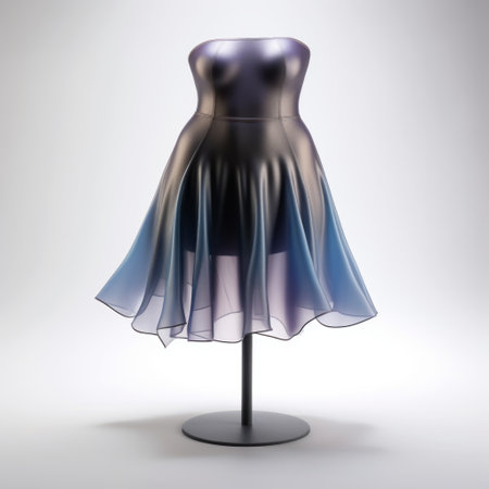 a dress on a stand showcasing a unique blend of blue and black colors. this hard surface modeling style captures the dress's intricate details with a translucent color effect. the rim light adds depth, while the light bronze and violet hues create a captivating contrast. this innovative design showcases the use of cad (computer aided design) techniques. ai generatedの素材