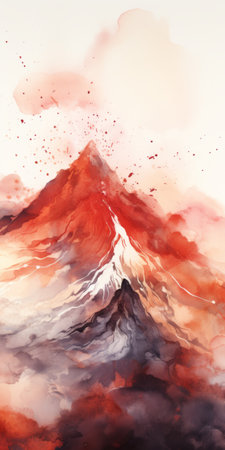 an abstract mountain painting featuring vibrant red and white colors, reminiscent of watercolor illustrations. this epic fantasy scene showcases intricate details and a captivating atmosphere. inspired by the style of oku art, the painting incorporates shades of orange and bronze, creating a soft and mesmerizing effect. perfect for editorial illustrations and atmospheric portraits. ai generatedの素材