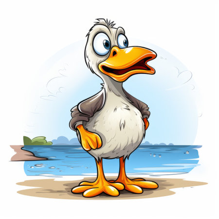 a cartoon bird, in the style of duckcore, stands on the beach. the detailed character illustrations showcase coloristic intensity with a mix of dark white and light brown tones. the caricature-like illustrations exude a kombuchapunk vibe, combining irony and humor. ai generatedの素材