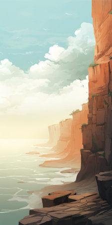 a small digital fantasy landscape painting featuring a rocky shore with scattered rocks. the artwork showcases soft gradients and a superflat style, creating hazy and epic landscapes. the color palette consists of light amber and cyan tones, reminiscent of the style of artist cliff chiang. ai generatedの素材