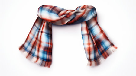 fashion knitted plaid scarf on white background: rendered in cinema4d, this explosive pigmentation scarf features a stylish blend of light red and blue hues. with a touch of americana iconography, the scarf showcases a motion blur effect, complemented by light brown and white tones. the clear edge definition adds a modern touch to this trendy accessory. ai generatedの素材