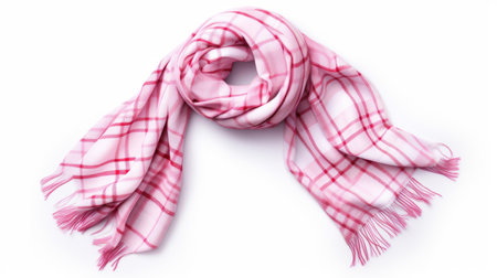 a red and pink plaid scarf with two fringes hanging, in the style of 8k resolution, showcases a combination of light pink and white hues. this scarf, reminiscent of patricia piccinini's artwork, exudes a sense of opacity and translucency. the graceful lines of the scarf stand out against a clean white background, reminiscent of thomas gainsborough's aesthetic. ai generatedの素材