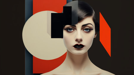 a woman posing in an abstract pattern stands before an orange square, reminiscent of fashion photography and cubist portraits. the composition features a play of light and shadows in contrasting black and red tones, enhancing the timeless beauty of the subject. created using cinema4d, the image exudes a porcelain-like quality. ai generatedの素材